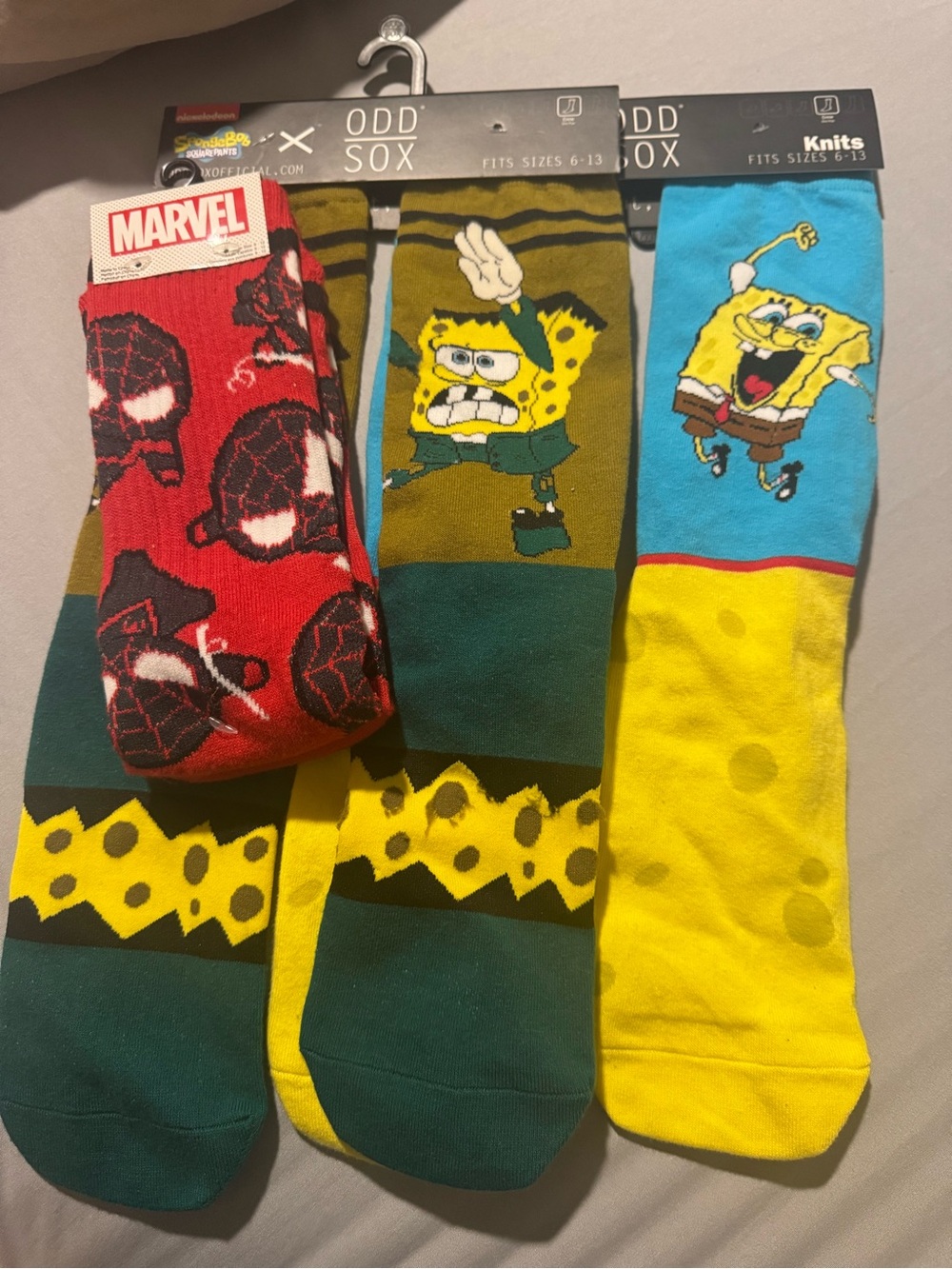 Marvel x Odd Sox SpongeBob & Spider-Man Crew Socks - Yellow, Green, Red, Blue